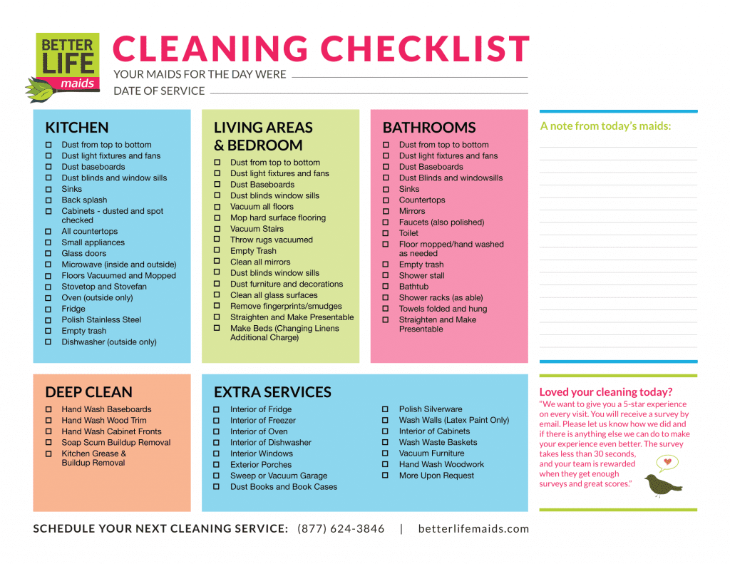 Better Life Maids Home Cleaning Checklist