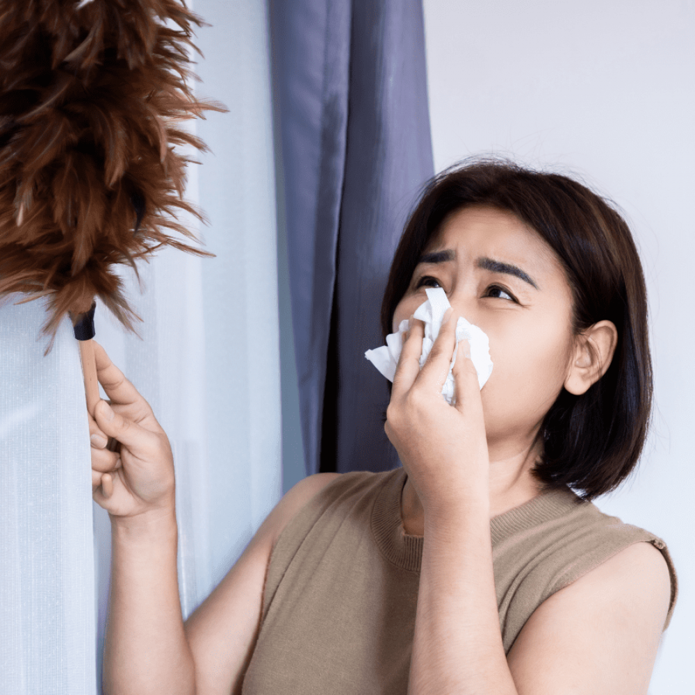 woman with allergies dusting