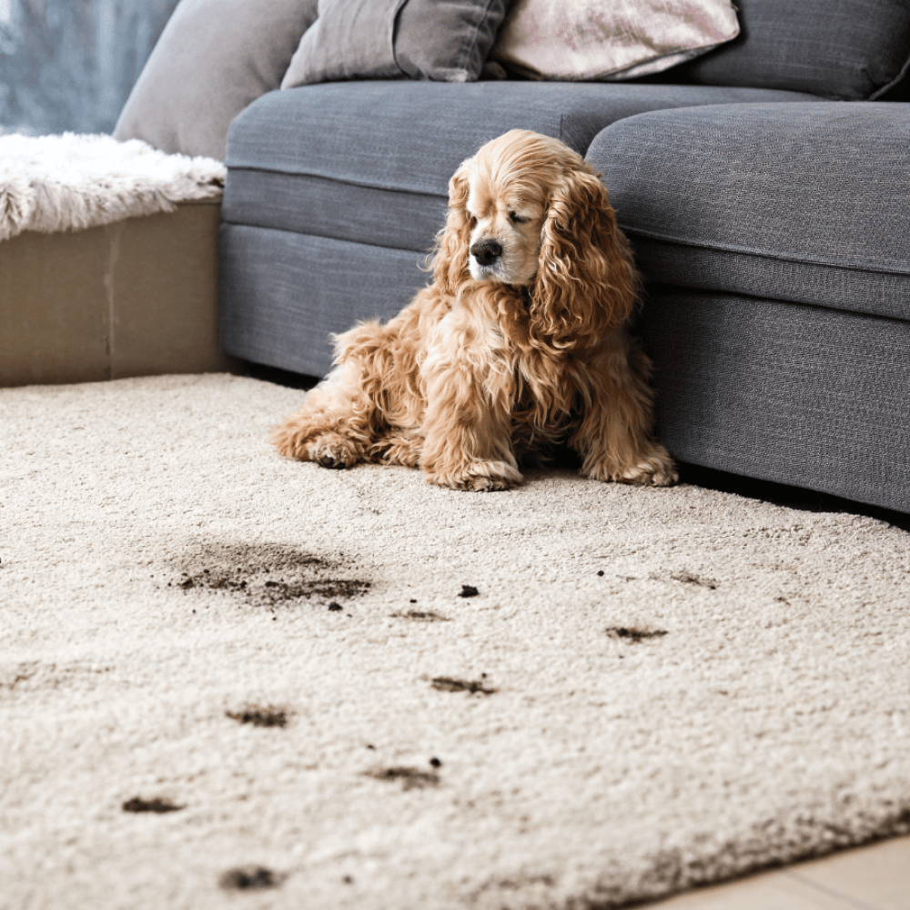 dog looking at muddy mess on carpet